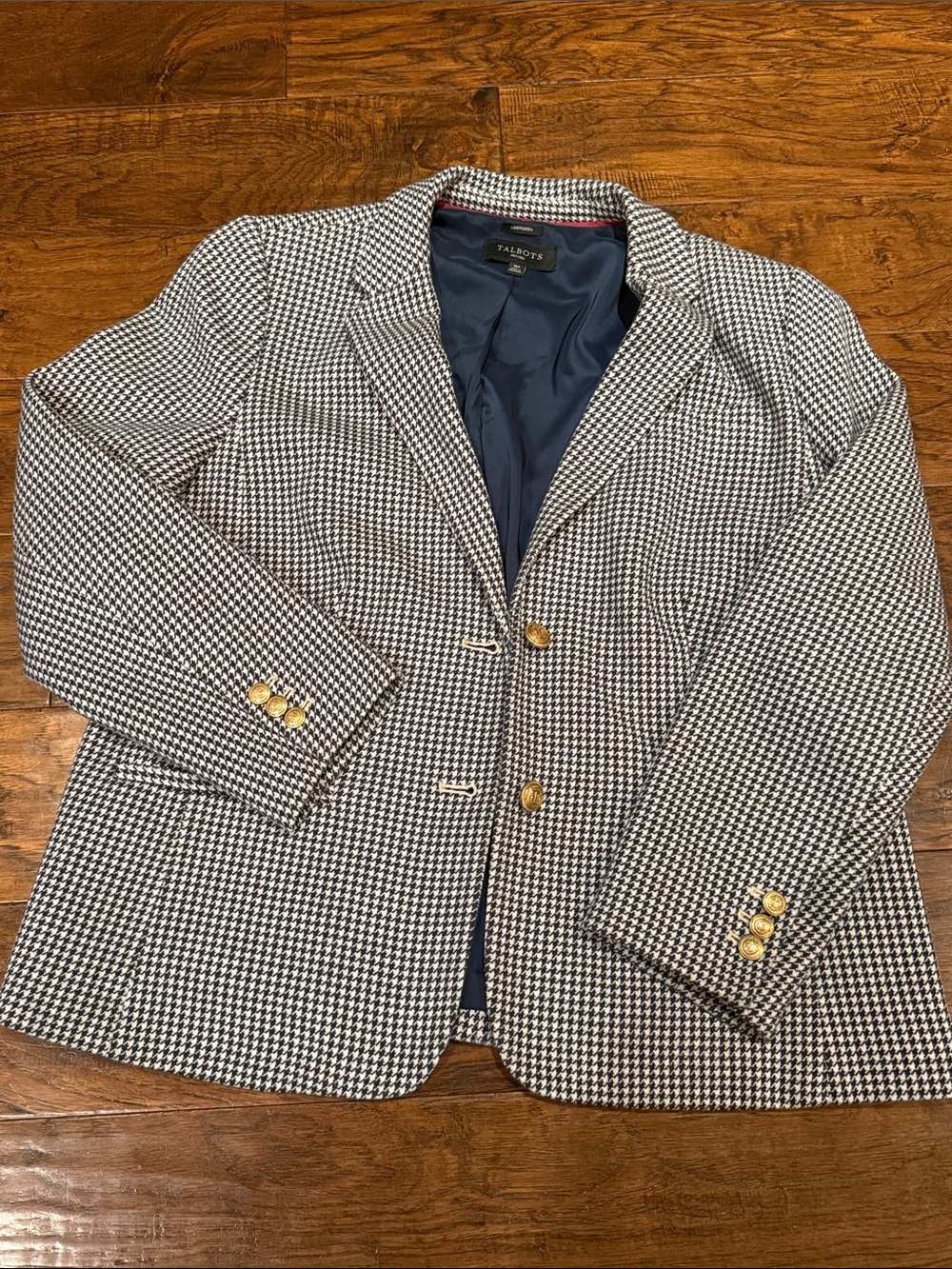 Talbots Navy & White Houndstooth Blazer with Gold Buttons